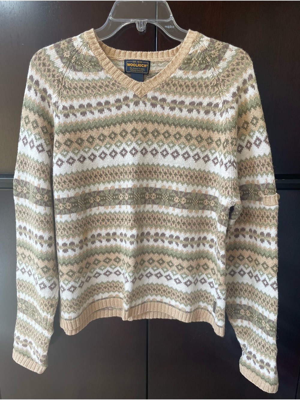 Woolrich Women's V-Neck Fair Isle Sweater in Cream, Tan & Green